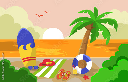 Beautiful Sunset Summer Beach Sea Nature Vacation Illustration