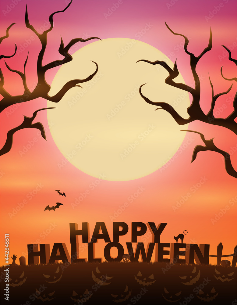 Halloween banner with creepy haunted tree. Flat Vector Illustration. Full Moon Night in the Spooky Forest.