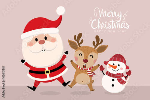 Merry Christmas and happy new year greeting card with cute Santa Claus, deer and snowman. Holiday cartoon character in winter season. -Vector. © Dusida