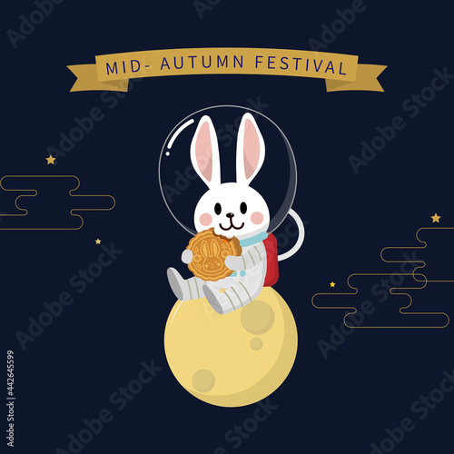 Fototapeta Naklejka Na Ścianę i Meble -  Happy mid autumn festival, Chuseok greeting card with cute rabbit wear astronaut dress, cake and moon. Animal cartoon character vector. Translate: happy mid-autumn festival.
