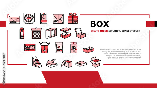 Box Carton Container Landing Header Vector. Sushi Delivering And Pizza, Box For Tea And Coffee, Mobile Phone And Tv Plazma Illustration