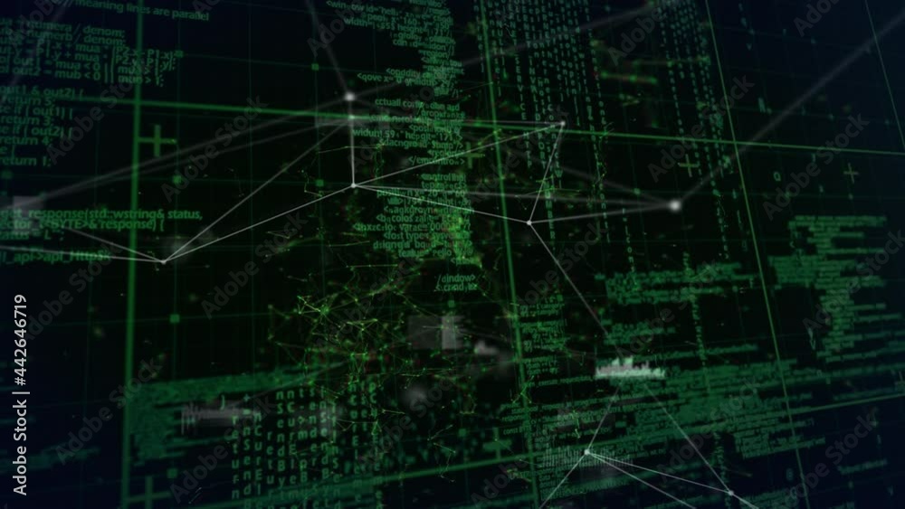 Animation of network of connections with icons over data processing Animation of network of connections with icons over data processing