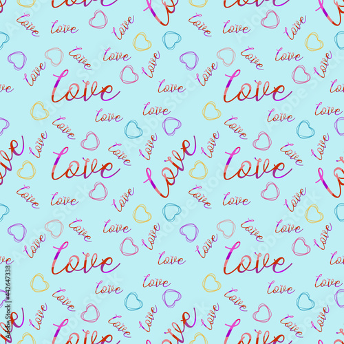 Multicolored gradient love lettering with hearts. Seamless design for Valentine's Day. For wedding cards, holiday packaging, textiles and backgrounds. Vector illustration.