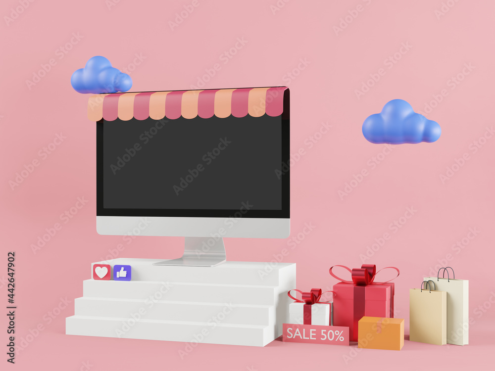 Desktop computer and gift shop in 3d style