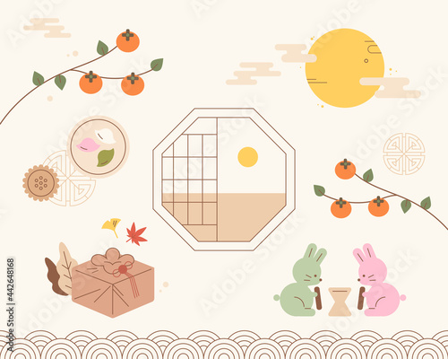 Chuseok greeting card with traditional Korean object design. flat design style minimal vector illustration.