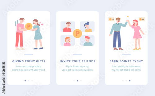 Mobile page template. People are sharing or collecting points. flat design style minimal vector illustration.