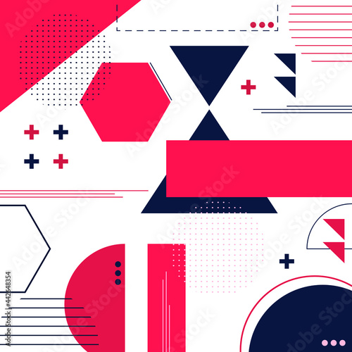 Red and blue background with geometric shapes