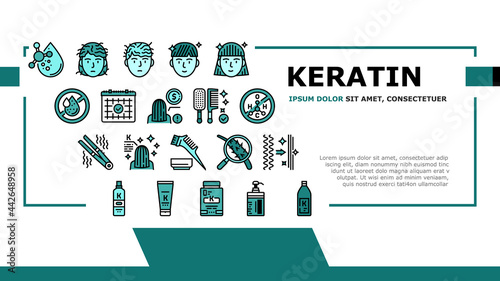 Keratin Hair Procedure Landing Header Vector. Keratin Cosmetic And Cream, Shampoo And Oil, Comb And Straightener Beauty Salon Service Illustration