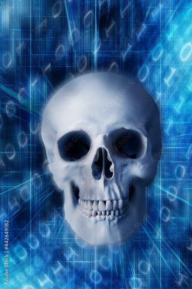 human skull and technology background, deadly computer virus concept human skull and technology background, deadly computer virus concept