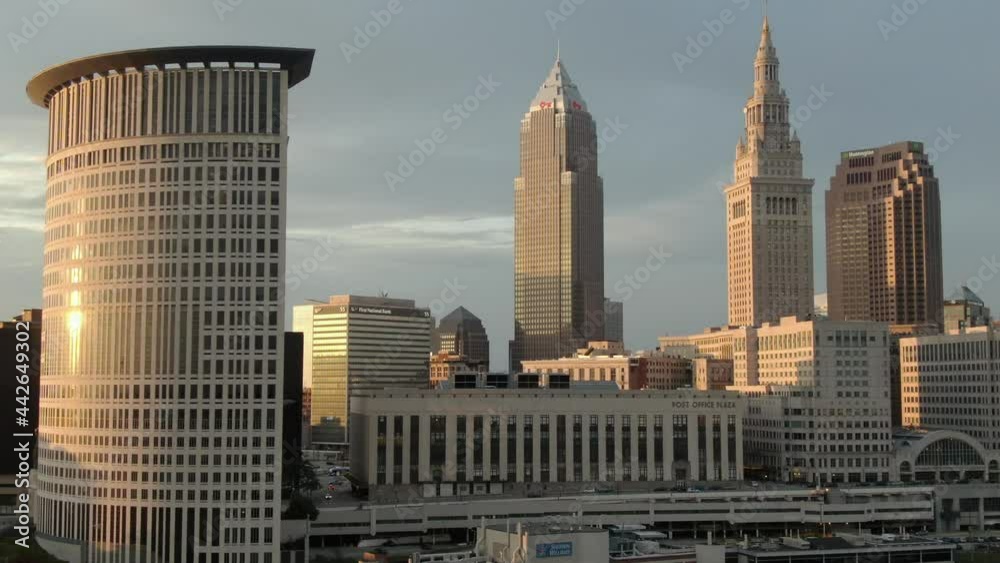 Cleveland Skyline Drone Shot at Sunset Near Lake Erie
