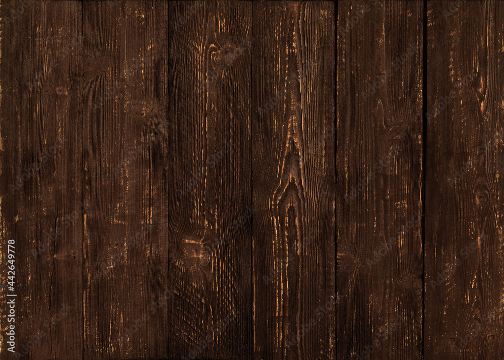 Obraz premium Natural dark wood old texture. Roughly finished boards use for background. Lumber with knots and cracks.