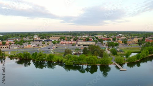 Aerial dolly of Lake Bemidji and downtown Bemidji photo