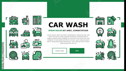 Self Service Car Wash Landing Header Vector. Non Contact Car Wash Station And Equipment, Washing Carpet And Cleaning Windows Illustration