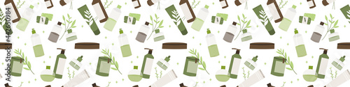 Seamless pattern with natural organic herbs and apothecary bottles. Homeopathy, naturopathy. Complementary, alternative, integrative, holistic medicine. Vector flat cartoon illustration
