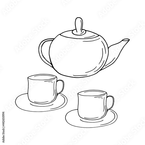 teapot and cups hand drawn set. vector graphics in doodle hygge style. Kettle, tea, coffee.