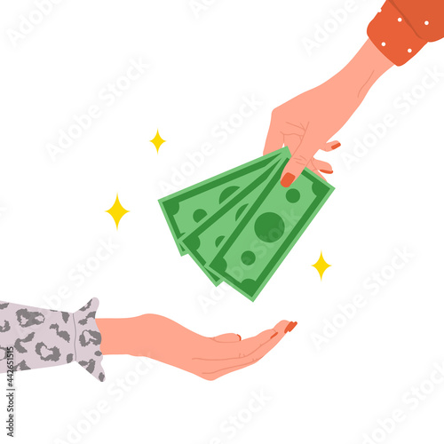 Transfer money. Female hand giving green bills. Donation, charity or payday concept. Financial symbol. Banking or business services. Vector illustration in flat cartoon style.