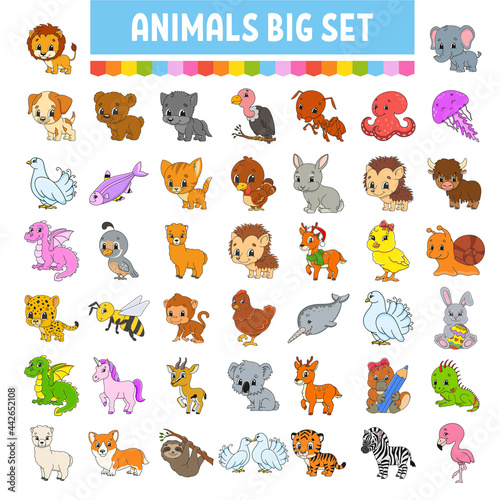 Fototapeta Naklejka Na Ścianę i Meble -  Set of stickers with cute cartoon characters. Hand drawn. Colorful pack. Vector illustration. Patch badges collection for kids. For daily planner, organizer, diary.