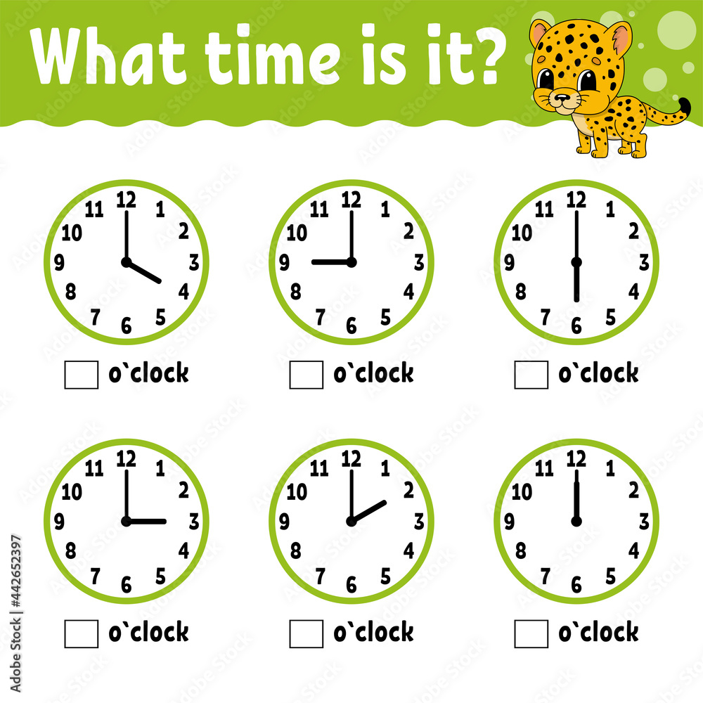 Learning time on the clock. Educational activity worksheet for kids and toddlers. Game for