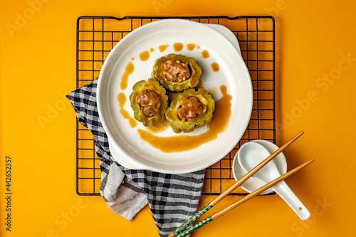 Stuffed meat in bitter gourd and in Chinese called yong ai gua
