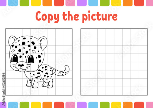 Copy the picture. Coloring book pages for kids. Education developing worksheet. Game for children. Handwriting practice. Funny character. Cute cartoon vector illustration.