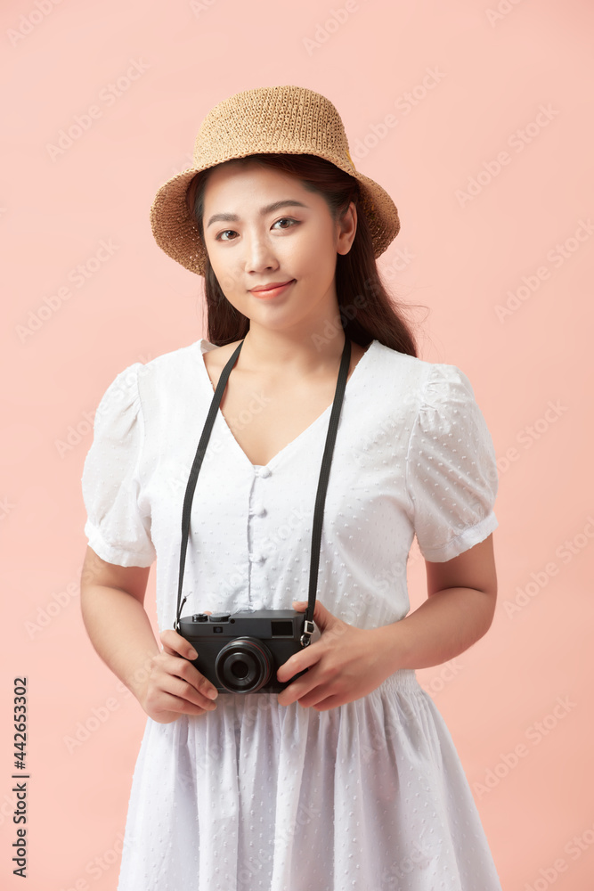 Young pretty hipster cheerful girl posing, having fun alone, travel concept Young pretty hipster cheerful girl posing, having fun alone, travel concept