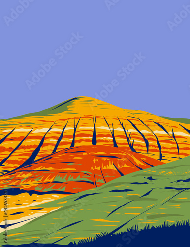 WPA poster art of Painted Hills within John Day Fossil Beds National Monument located in Wheeler County, Oregon, United States done in works project administration style or federal art project style. photo