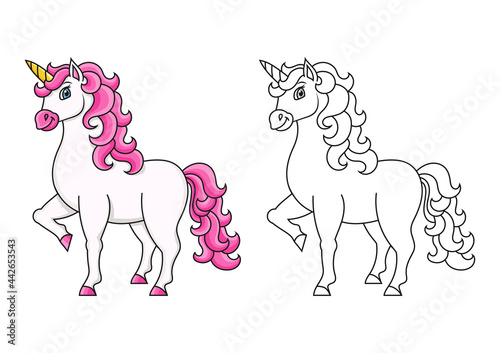 Cute unicorn. Magic fairy horse. Coloring book page for kids. Cartoon style. Vector illustration isolated on white background.