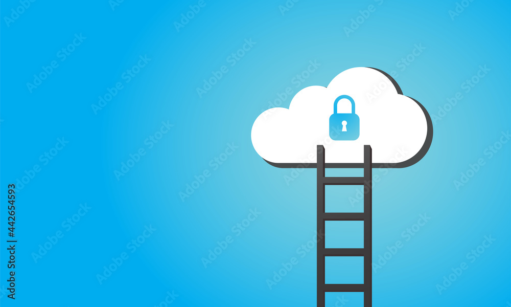 White cloud with key lock symbol inside and black stair step ladder on blue background. Cloud computing technology adoption, cyber security and data encryption concept. White cloud with key lock symbol inside and black stair step ladder on blue background. Cloud computing technology adoption, cyber security and data encryption concept.