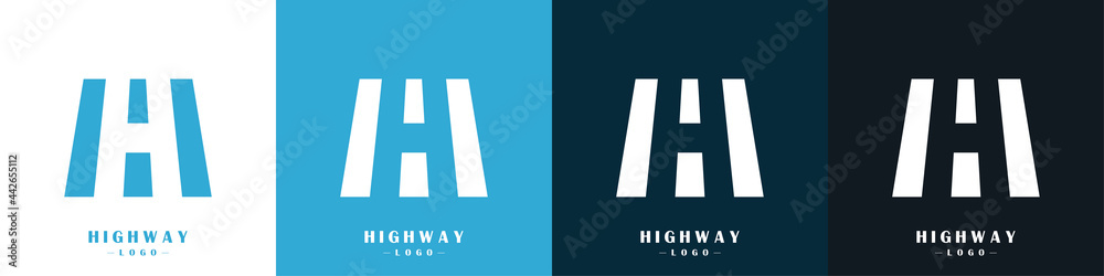 Fototapeta premium Highway logos set. Asphalt road with road markings. Vector illustration