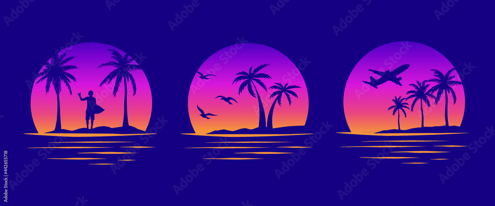 Beaches, palms and surfing. Miami California Hawaii design. 80s Old school  tattoo vector art. Gradient Sunsets with sillhouettes | Vector Graphics for  apparel t-shirt Stock Vector | Adobe Stock