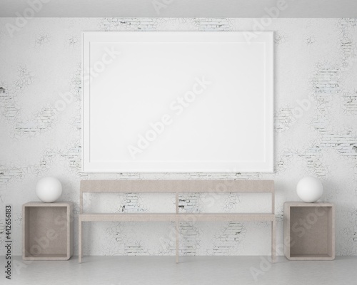 3D living room and bench with blank photo frame