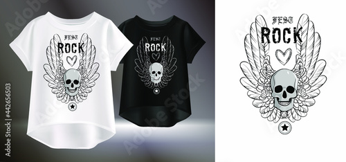 Realistic vector illustration of a female t-shirt featuring a skull with wings. Isolated image of clothing with original design. 