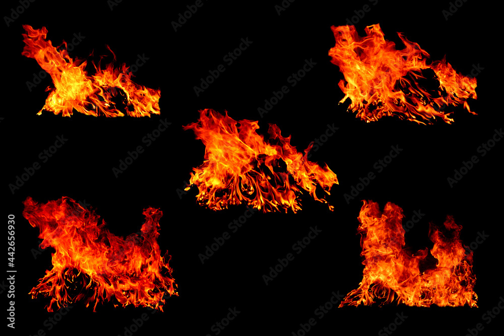 The set of 5 thermal energy flames image set on a black background. Yellow red heat energy