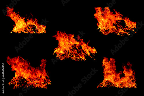 The set of 5 thermal energy flames image set on a black background. Yellow red heat energy