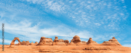 Arches National Park panorama with Delicate Arch, Moab, Utah, USA.