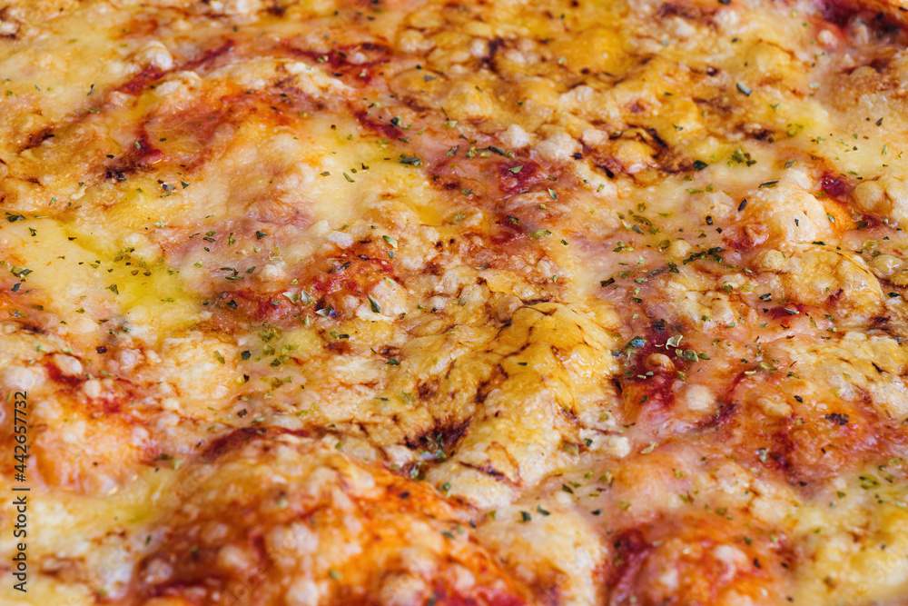 Close-up of pizza topped with cheese and oregano. Macro shot of delicious products. Close-up of pizza topped with cheese and oregano. Macro shot of delicious products.