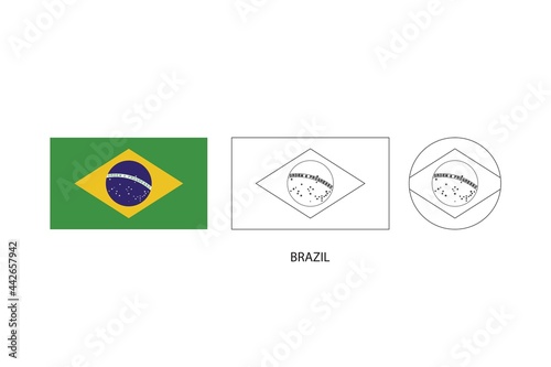 Brazil flag 3 versions, Vector illustration, Thin black line of rectangle and the circle on white background.