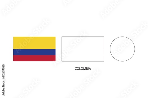 Colombia flag 3 versions, Vector illustration, Thin black line of rectangle and the circle on white background.