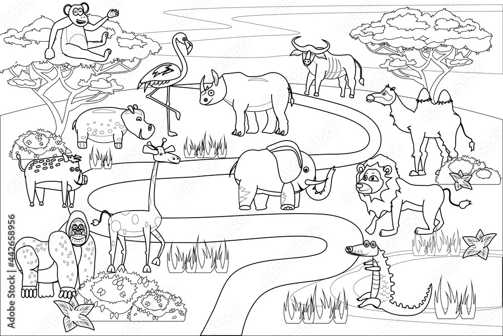 Fototapeta premium Jungle, Africa safari animals coloring book edicational illustration for children. Set cute lion, crocodile, monkey, elephant, camel, rhinoceros, gorilla, hyppo. Vector white black cartoon outline