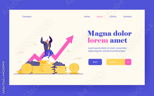 Millionaire happy about income growth. Broker celebrating stock shares climbed. Vector illustration for finance, rich banker, trading success concept