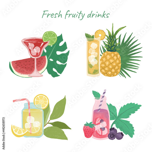 Hand drawn fruit tropical summer drinks set
