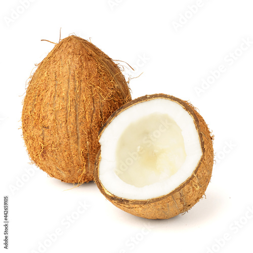 whole coconut and half isolated on white