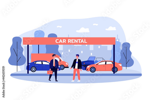 Salesman and customer standing in front of different cars. Male character making deal, selling vehicle flat vector illustration. Car rental, traveling concept for website design or landing web page