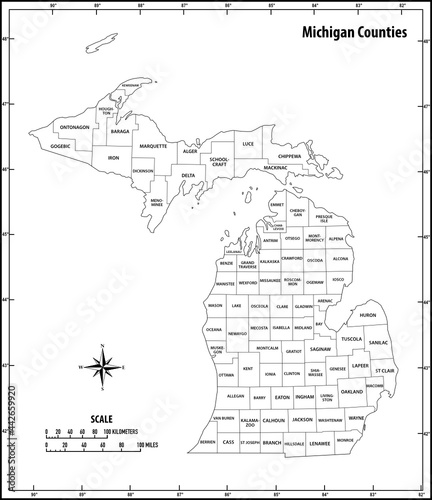 michigan state outline administrative and political vector map in black and white photo