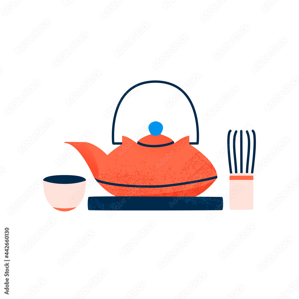 Japanese teapot and cups flat cartoon illustration. Asian traditional tea ceremony banner design. Old Chinese kettle background. Japanese teapot and cups flat cartoon illustration. Asian traditional tea ceremony banner design. Old Chinese kettle background.