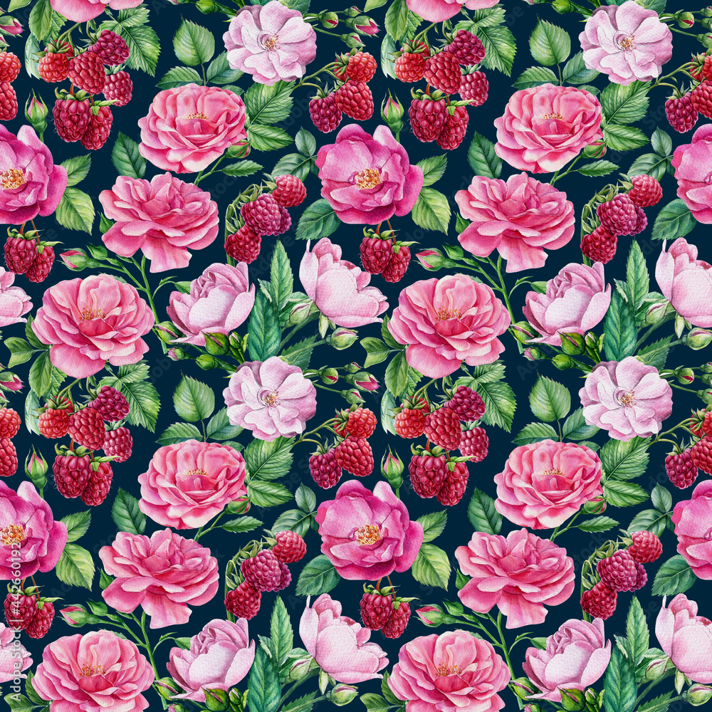 Flowers of roses and berries of raspberry. Floral seamless patterns, watercolor illustration