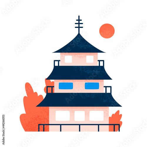 Traditional Japanese architecture flat cartoon illustration. Asian landmark banner design. Chinese building background. Pagoda element isolated