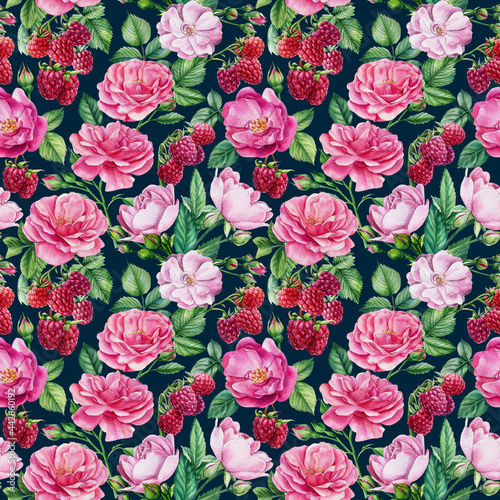Flowers of roses and berries of raspberry. Floral seamless patterns, watercolor illustration