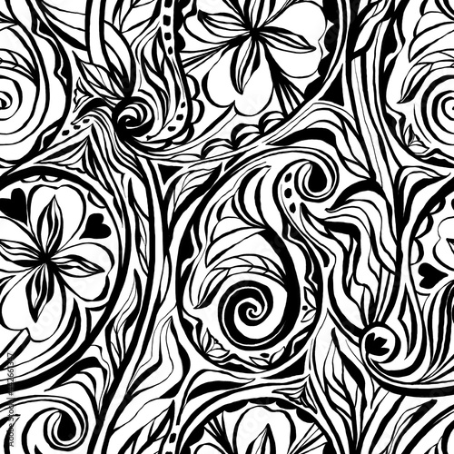 Black and white seamless pattern with line art flowers