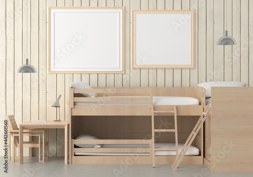Tableau sur toile Bedroom with bunk bed and picture wall frame.
